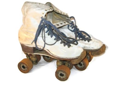 Sale Vintage White Leather Roller Skates With Wooden Wheels