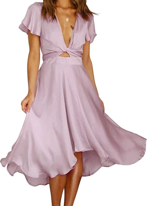 exlura women s summer dresses tie front v neck waisted short ruffle sleeve flowy midi dress pink