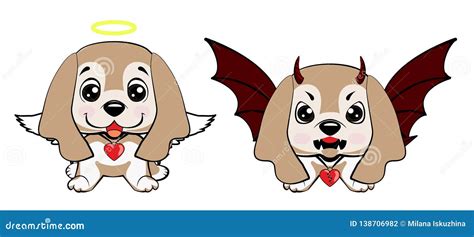 Devil Dog With Horns And Bat Wings And Happy Dog Angel Stock Vector