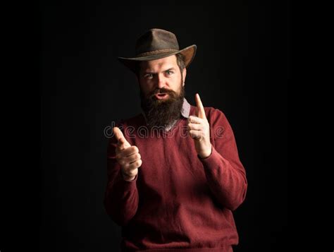 Bearded Cowboy Man In Cowboy Hat Wild West Guns Finger Revolver