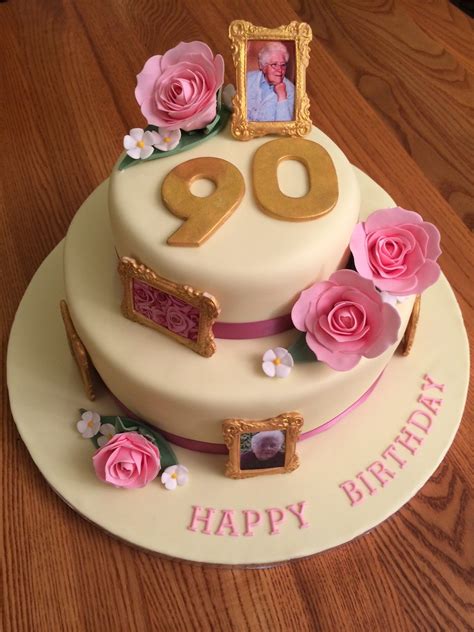 Uploaded by birthday under birthday 479 views . 90th Birthday Cake with Gold Photo Frames and Pink Roses. | 90th birthday ideas | Grandma ...