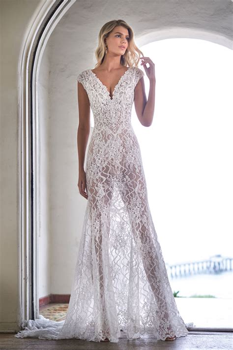 F211057 Simple Embroidered Lace Wedding Dress With V Neckline