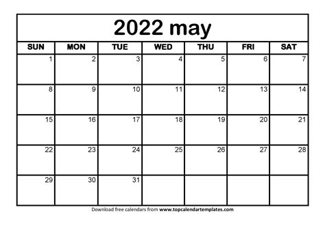 May Blank Calendar 2022 Printable Printable World Holiday