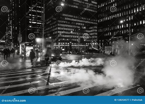 Manhattan Street Scene At Night Editorial Photography Image Of Smoke