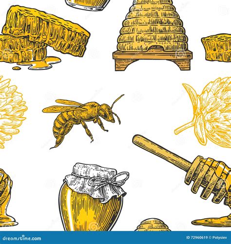 Honey Seamless Pattern Jars Bee And Honeycomb Hand Drawn Design