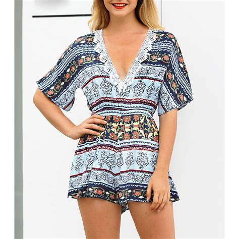 Bohemian Style Jumpsuit Print Deep V Neck Vacation Beach Rompers Loose