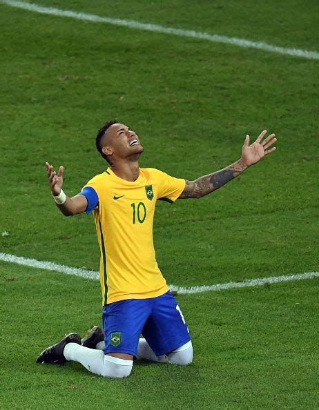 Brazils Forward Neymar Celebrates Scoring The Winning Goal During The