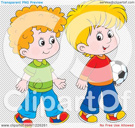 Clipart Of Caucasian Boys Walking With A Soccer Ball Royalty Free