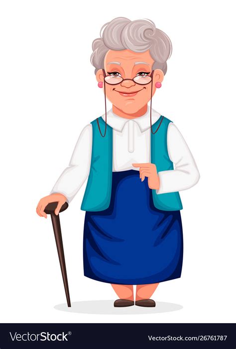 Cheerful Grandmother Stands With Walking Cane Vector Image