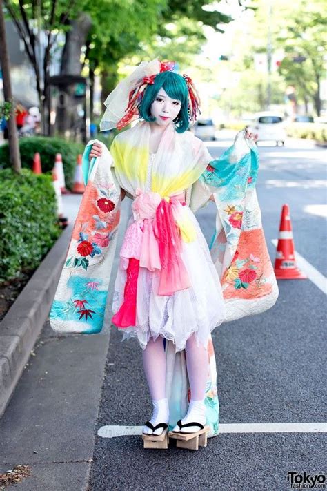 harajuku shironuri w colorful kimono sleeve dress and geta harajuku fashion street japanese