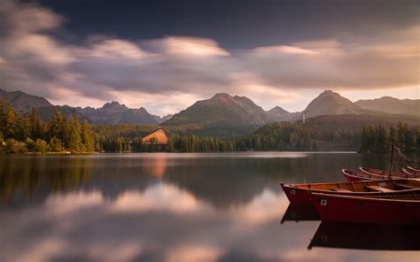 Landscape Mountains Boat Trees Lake Clouds House