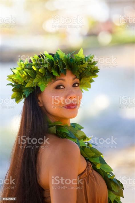 Portrait Of Hawaiian Hula Dancer On The Beach Stock Photo Download