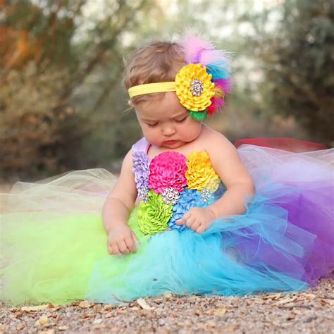 Full Rainbow Tutu Dress Crochet Baby Tulle Dress With Headband 1st
