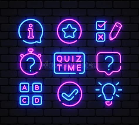 Quiz Neon Icons Set Quiz Time Neon Signs Design Template Bright