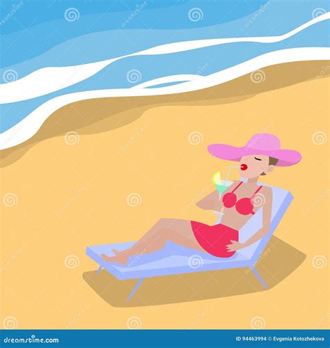 Vector Cartoon Woman Lies On Deckchair Sandy Beach CartoonDealer Com