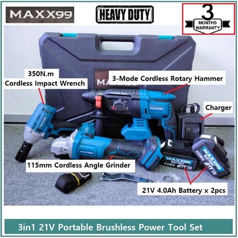maxx99 21v 4 0ah brushless power tool set 3in1 cordless rotary hammer angle grinder impact