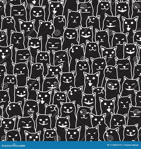 Cat Kitten Breed Doodle Vector Seamless Pattern Isolated Wallpaper Background Black Stock Vector
