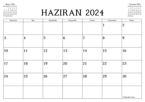 Haziran 2024 A4 A3 PDF ve PNG ay için yazdırılabilir takvimler ve