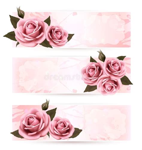 Set Of Holiday Banners With Pink Beautiful Roses Stock Vector