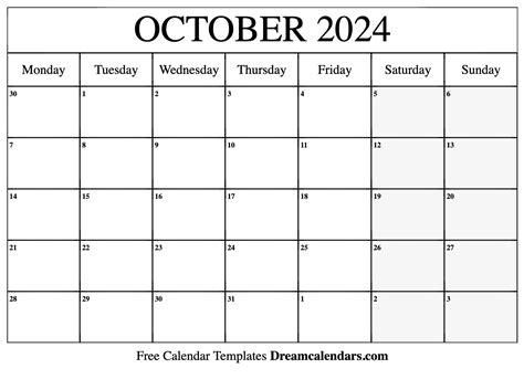 October 2024 Calendar Free Blank Printable With Holidays