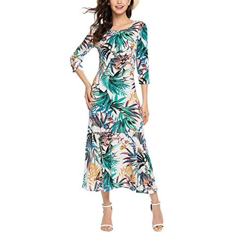 Womens Floral Print Hawaiian Style 3 4 Sleeve Long Maxi Beach Dress
