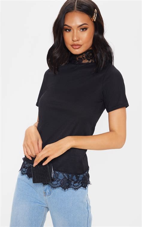 Black Lace Trim Short Sleeve T Shirt Tops Prettylittlething