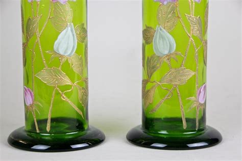 Pair Of Art Nouveau Glass Vases With Enamel Paintings Bohemia Circa 1910 At 1stdibs