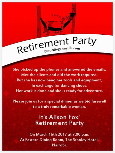 Regardless of the party's theme or size, you'll have a good playlist to set the tone for a meaningful farewell. Retirement Party Invitation Wording Ideas and Samples ...
