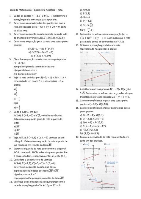 PDF Lista de Matemática Geometria Analítica Reta a PDF fileLista
