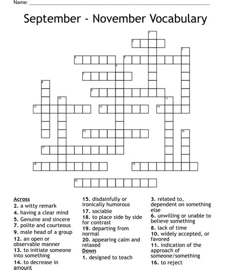 September November Vocabulary Crossword Wordmint