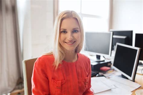 Happy Creative Female Office Worker With Computers Stock Image Image