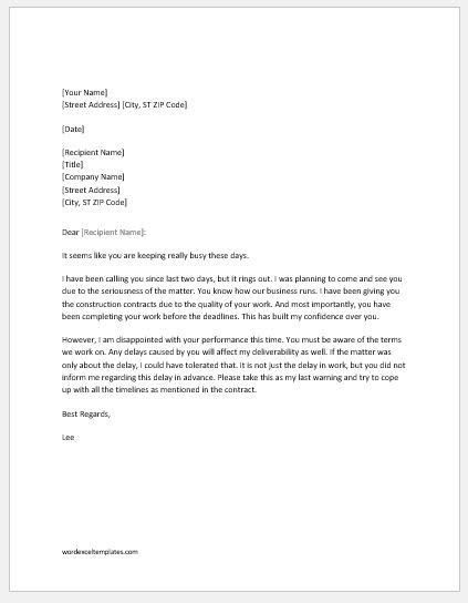 Sample letter to client for stoppage of construction work because site sealed by the authorities because of no approval. Warning Letter to Contractor for Delay of Work | Word ...