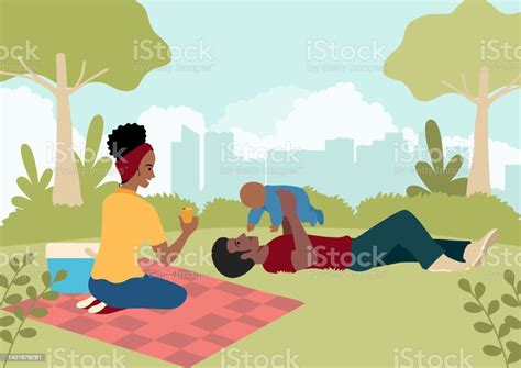Ilustración De Feliz Familia Negra Jugando Con Su Bebé En El Parque De