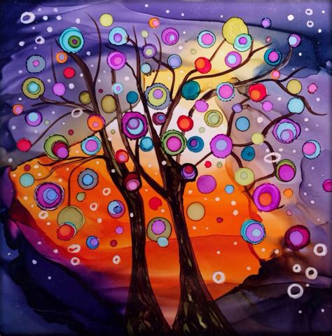 Magical Trees ~alcohol Ink On Ceramic Tile Hand Painted By Pamella