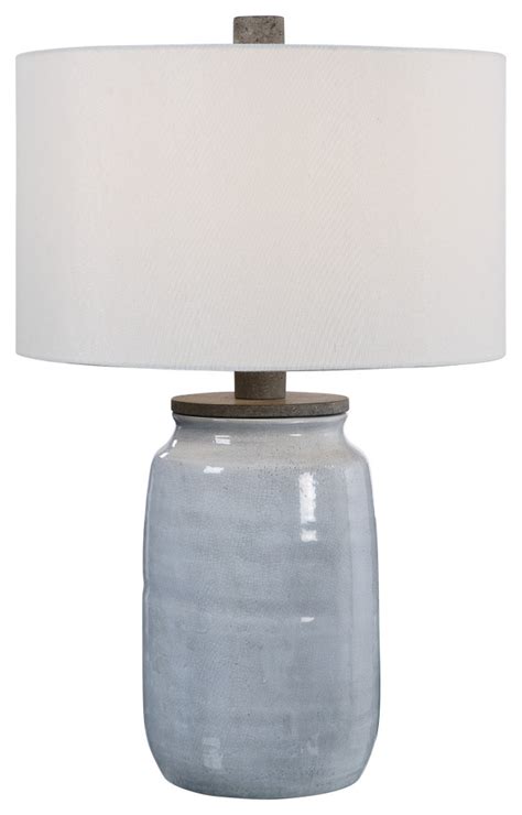 Rustic Cottage Crackled Light Blue Table Lamp Ceramic Charcoal White