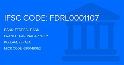 Federal Bank Karunagappally Branch Kollam Ifsc Code Fdrl0001107
