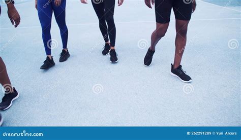 Fitness People And Legs Walking In Preparation For Running Competition