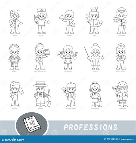 Black And White Set Of Professions Visual Dictionary For Children