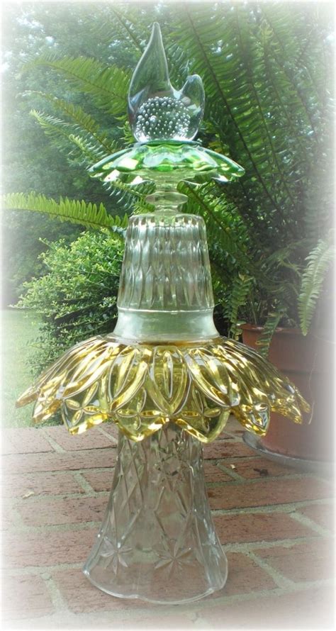 Garden Art Totem Vintage Glass With Partridge Topper By