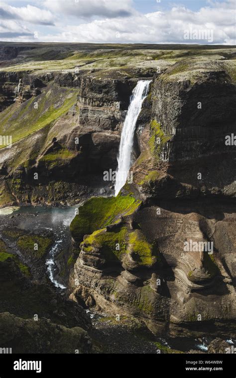 Aerial View Of Haifoss Big Waterfall In South Iceland Black High Rocks