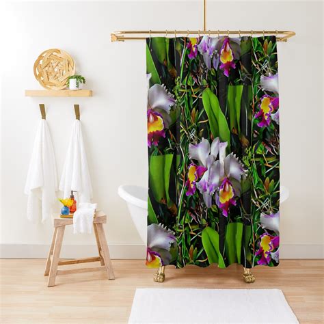 Double Orchid With Leaves Shower Curtain By Shannathshima Redbubble