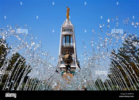 Turkmenistan Ashgabat Fountains And The Arch Of Neutrality Stock