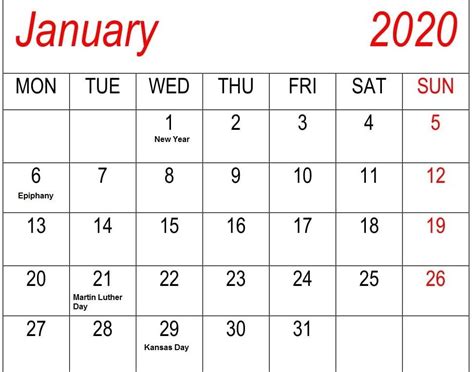 20 January 2020 Calendar With Holidays Free Download Printable