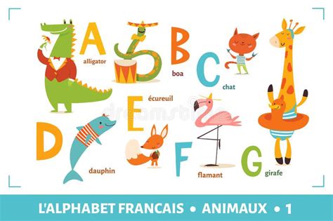 French Language Alphabet Poster With Cartoon Animals Stock Vector