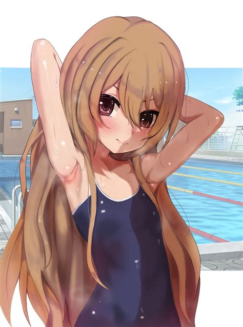 Safebooru 1girl Aisaka Taiga Armpits Arms Behind Head Bare Shoulders Blue Swimsuit Brown Eyes