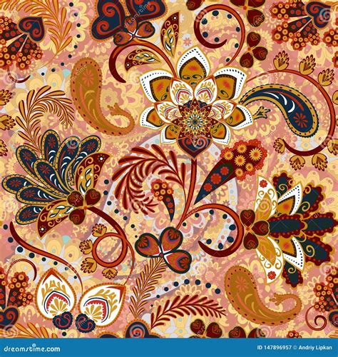 Paisley Seamless Pattern With Flowers In Indian Style Floral Vector