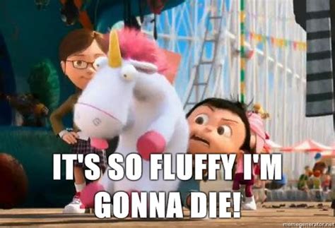.so fluffy, i'm gonna die!, and it's so fluffy from the film despicable me trailers, is said by a a shooting game, she shakes the unicorn around screaming in a gravelly voice its so fluffy. 5 ways to deal with fat days . - . running with spoons