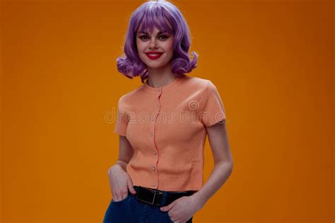 Portrait Of A Charming Lady Purple Hair Fashion Posing Glamor Yellow
