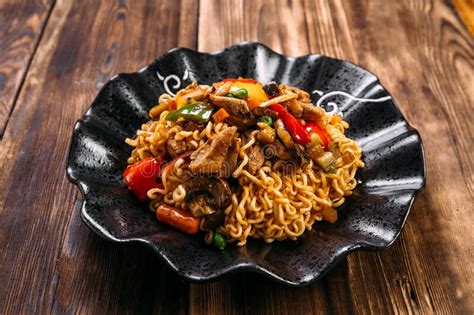 Curly Noodles Wok Chicken Mushrooms Vegetables Stock Photo Image Of