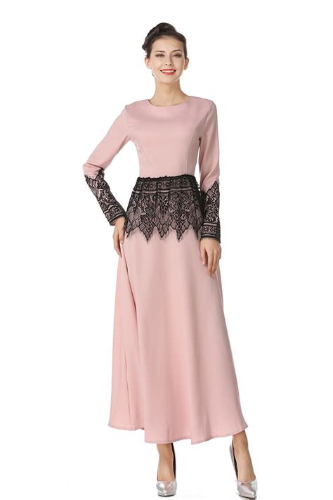 2018 Autumn Black Lace Waist Maxi Dress Muslim Islamic Women Long
